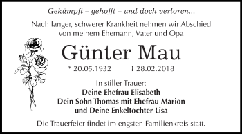 Traueranzeige von Günter Mau von WVG - Wochenspiegel Dessau / Köthen