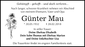 Traueranzeige von Günter Mau von Mitteldeutsche Zeitung