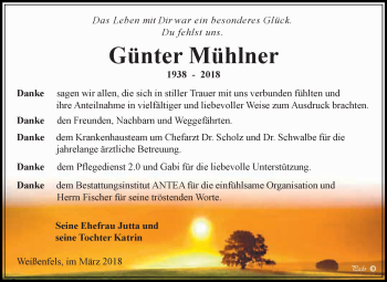 Traueranzeige von Günter Mühlner von WVG - Wochenspiegel NMB / WSF / ZTZ