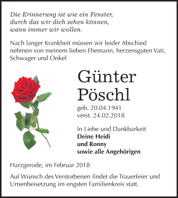 Traueranzeige von Günter Pöschl von Mitteldeutsche Zeitung