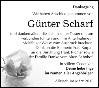 Traueranzeige von Günter Scharf von Mitteldeutsche Zeitung Sangerhausen