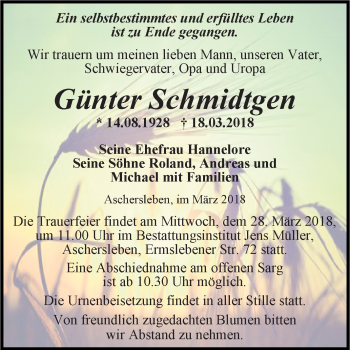 Traueranzeige von Günter Schmidtgen von Super Sonntag Aschersleben