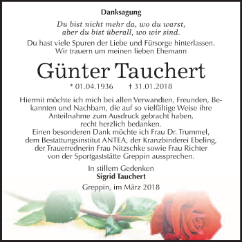 Traueranzeige von Günter Tauchert von WVG - Wochenspiegel Bitterfeld
