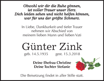 Traueranzeige von Günter Zink von Mitteldeutsche Zeitung Halle/Saalkreis