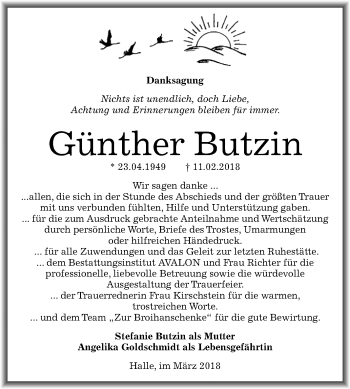 Traueranzeige von Günther Butzin von Mitteldeutsche Zeitung Halle/Saalkreis