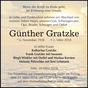 Traueranzeige von Günther Gratzke von Super Sonntag Zeitz