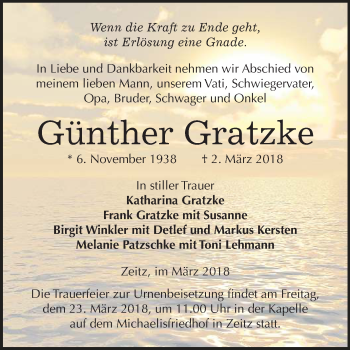 Traueranzeige von Günther Gratzke von Mitteldeutsche Zeitung