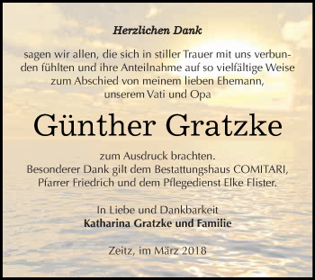 Traueranzeige von Günther Gratzke von Super Sonntag Zeitz