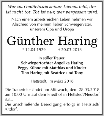 Traueranzeige von Günther Haring von Mitteldeutsche Zeitung