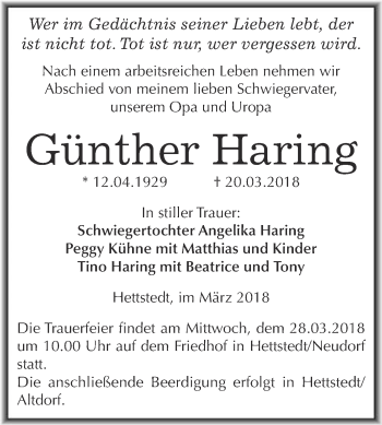 Traueranzeige von Günther Haring von Super Sonntag SGH Mansf. Land