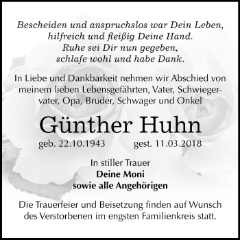 Traueranzeige von Günther Huhn von Mitteldeutsche Zeitung Sangerhausen