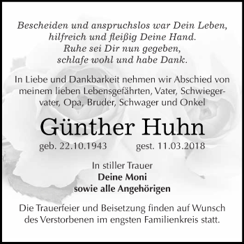 Traueranzeige von Günther Huhn von Super Sonntag SGH Mansf. Land