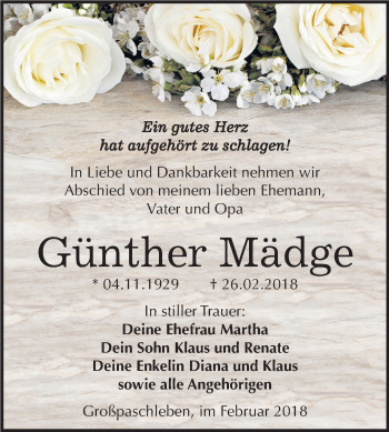 Traueranzeige von Günther Mädge von Mitteldeutsche Zeitung