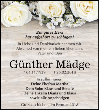 Traueranzeige von Günther Mädge von WVG - Wochenspiegel Dessau / Köthen