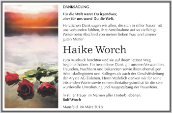 Traueranzeige von Haike Worch von Super Sonntag SGH Mansf. Land