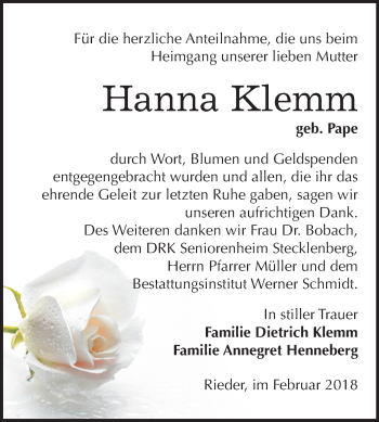 Traueranzeige von Hanna Klemm von Mitteldeutsche Zeitung