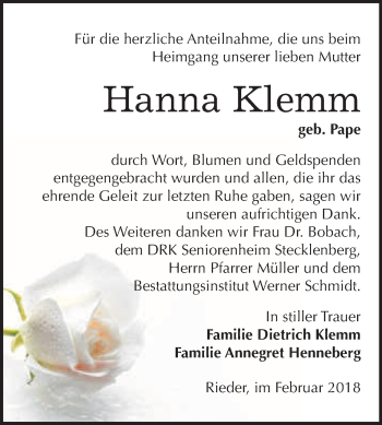 Traueranzeige von Hanna Klemm von WVG - Wochenspiegel Quedlinburg