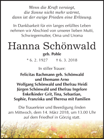 Traueranzeige von Hanna Schönwald von Mitteldeutsche Zeitung Köthen