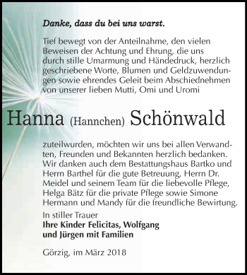 Traueranzeige von Hanna Schönwald von WVG - Wochenspiegel Dessau / Köthen