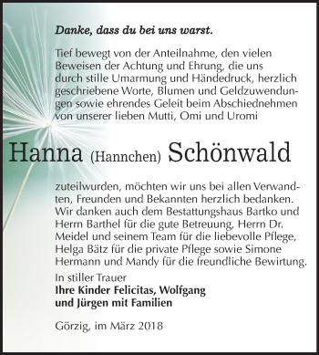 Traueranzeige von Hanna Schönwald von Mitteldeutsche Zeitung Köthen