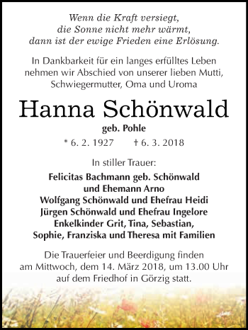 Traueranzeige von Hanna Schönwald von WVG - Wochenspiegel Dessau / Köthen