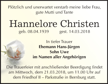 Traueranzeige von Hannelore Christen von Mitteldeutsche Zeitung Bernburg