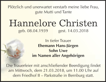 Traueranzeige von Hannelore Christen von Super Sonntag Bernburg