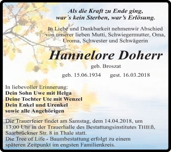 Traueranzeige von Hannelore Doherr von Mitteldeutsche Zeitung Quedlinburg