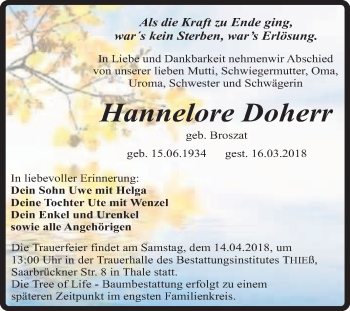 Traueranzeige von Hannelore Doherr von Super Sonntag Quedlinburg