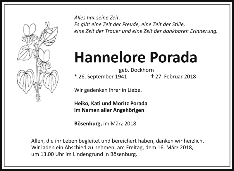  Traueranzeige für Hannelore Porada vom 10.03.2018 aus Mitteldeutsche Zeitung