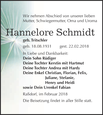 Traueranzeige von Hannelore Schmidt von Super Sonntag Wittenberg