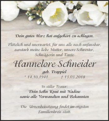Traueranzeige von Hannelore Schneider von WVG - Wochenspiegel Bitterfeld