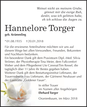 Traueranzeige von Hannelore Torger von WVG - Wochenspiegel Wittenberg