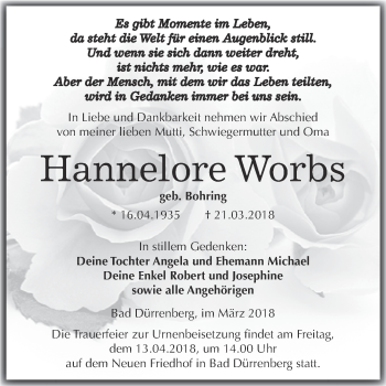 Traueranzeige von Hannelore Worbs von Super Sonntag Merseburg
