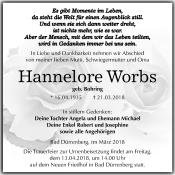 Traueranzeige von Hannelore Worbs von Mitteldeutsche Zeitung Merseburg/Querfurt