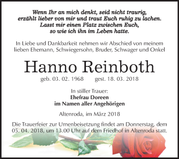 Traueranzeige von Hanno Reinboth von Mitteldeutsche Zeitung