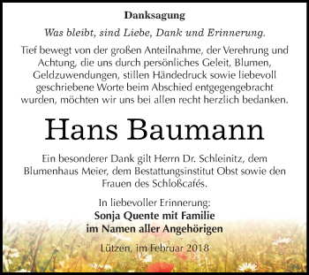 Traueranzeige von Hans Baumann von Super Sonntag Merseburg