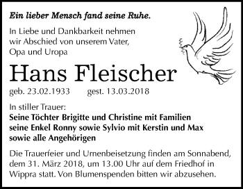 Traueranzeige von Hans Fleischer von Mitteldeutsche Zeitung