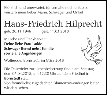 Traueranzeige von Hans-Friedrich Hilprecht von Super Sonntag SGH Mansf. Land