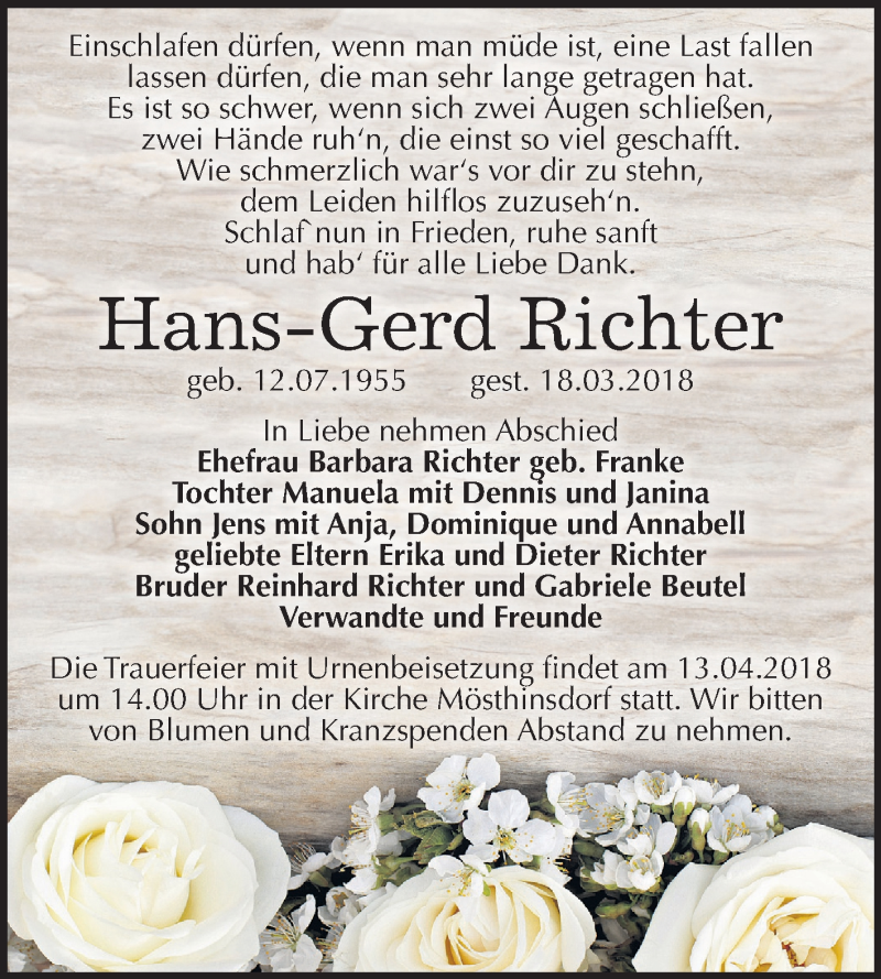  Traueranzeige für Hans-Gerd Richter vom 31.03.2018 aus Mitteldeutsche Zeitung Halle/Saalkreis
