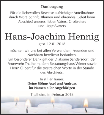 Traueranzeige von Hans-Joachim Hennig von WVG - Wochenspiegel Bitterfeld