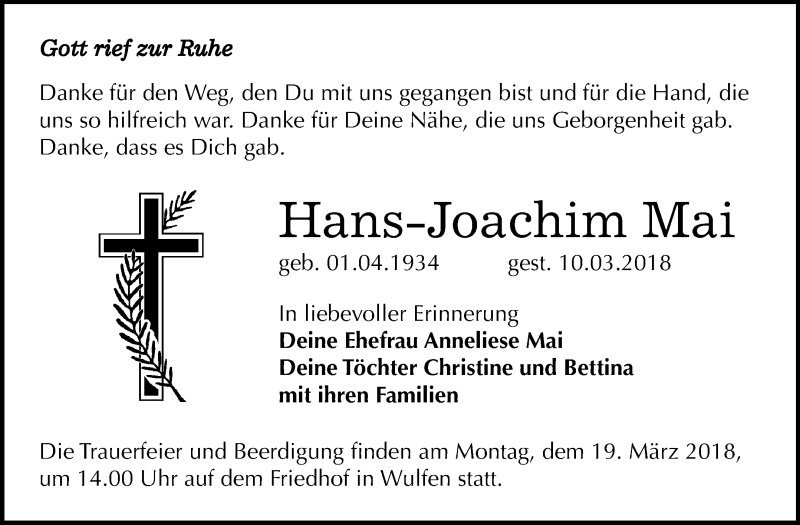  Traueranzeige für Hans-Joachim Mai vom 17.03.2018 aus Mitteldeutsche Zeitung Köthen