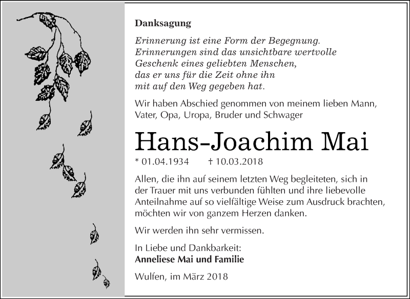  Traueranzeige für Hans-Joachim Mai vom 24.03.2018 aus WVG - Wochenspiegel Dessau / Köthen