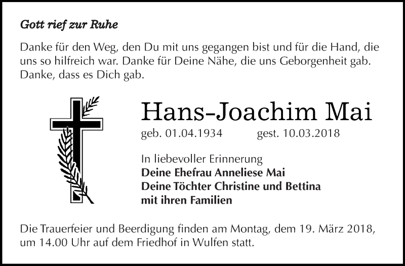  Traueranzeige für Hans-Joachim Mai vom 17.03.2018 aus WVG - Wochenspiegel Dessau / Köthen