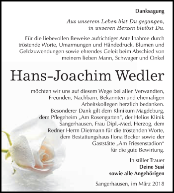 Traueranzeige von Hans-Joachim Wedler von Super Sonntag SGH Mansf. Land
