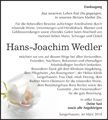 Traueranzeige von Hans-Joachim Wedler von Mitteldeutsche Zeitung