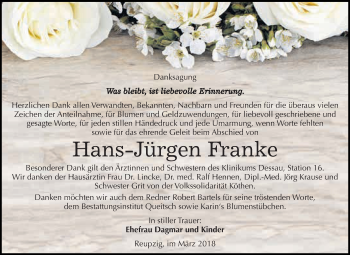 Traueranzeige von Hans-Jürgen Franke von WVG - Wochenspiegel Dessau / Köthen