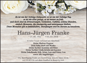 Traueranzeige von Hans-Jürgen Franke von Mitteldeutsche Zeitung Köthen