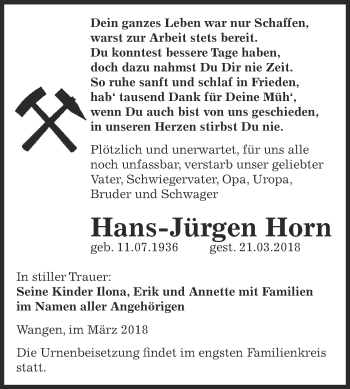 Traueranzeige von Hans-Jürgen Horn von WVG - Wochenspiegel NMB / WSF / ZTZ