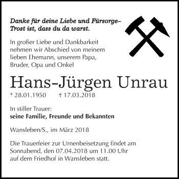 Traueranzeige von Hans-Jürgen Unrau von Wochenspiegel Mansfelder Land